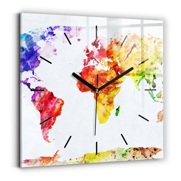 Pendule carrée en verre Carte du monde à l'aquarelle