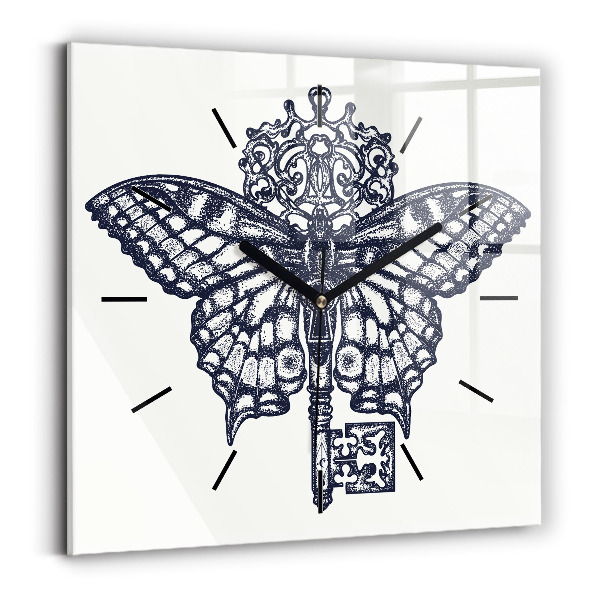 Pendule carrée en verre Papillon et clé - style boho