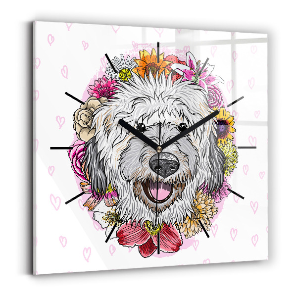 Pendule carrée en verre Chien heureux dans les fleurs