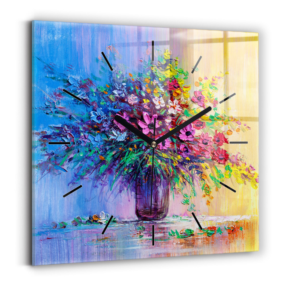 Pendule carrée en verre Fleurs dans un vase
