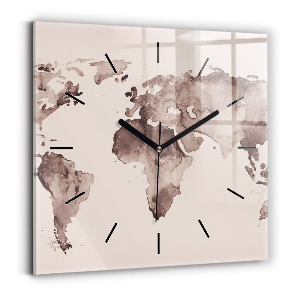 Horloge carrée en verre Carte du monde à l'aquarelle