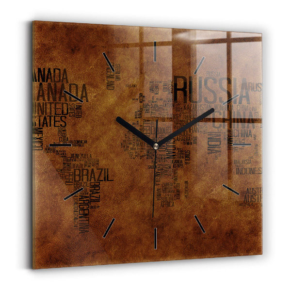 Horloge carrée en verre Carte et noms de pays
