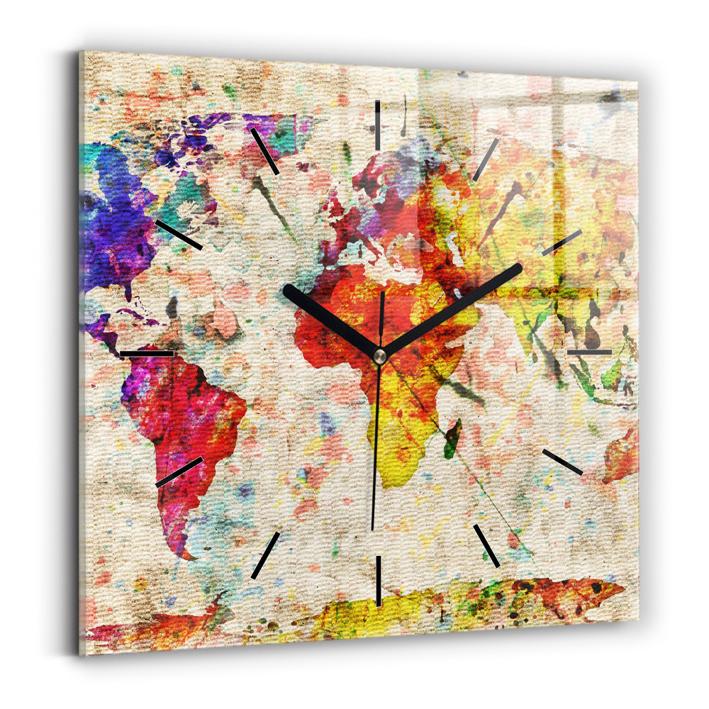 Horloge murale carrée Carte du monde en couleur