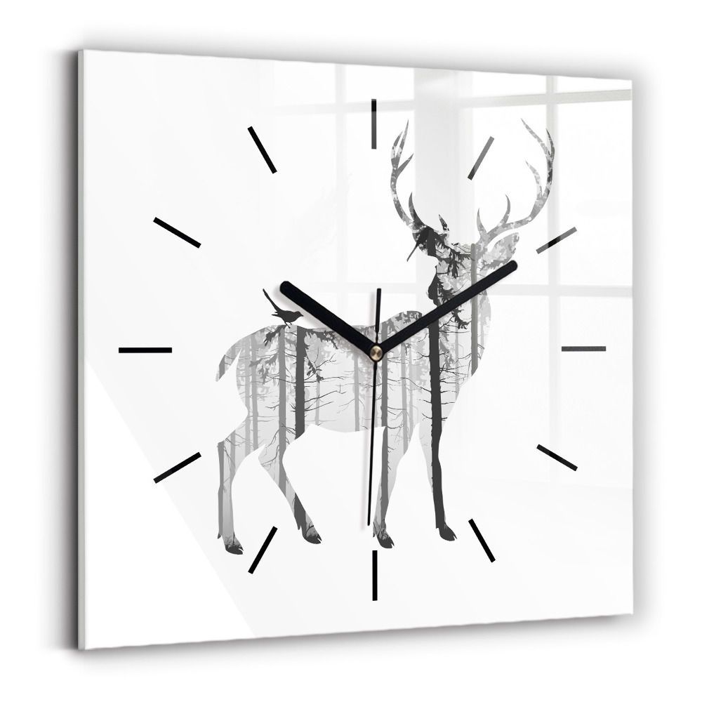 Horloge murale carrée Silhouette d'un cerf Forêt