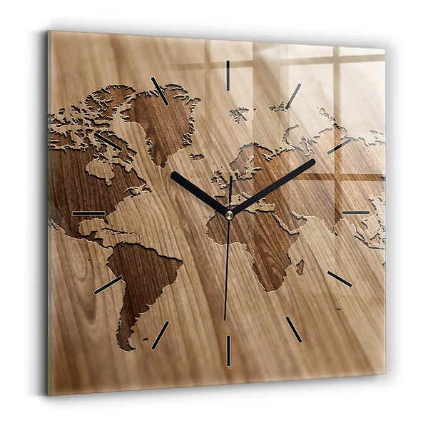Horloge carrée en verre Carte du monde sur bois