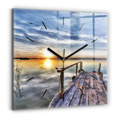 Horloge carrée en verre Lac au coucher du soleil