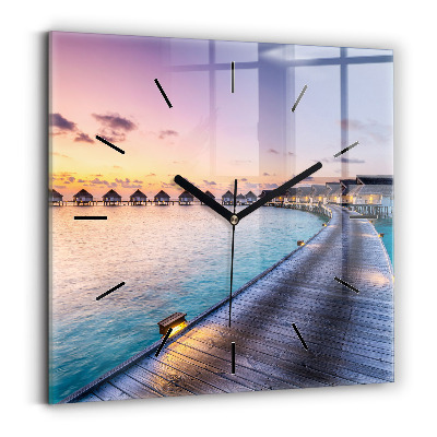 Horloge carrée en verre Coucher de soleil aux Maldives