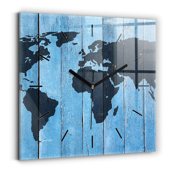 Horloge carrée en verre Carte du monde sur planches