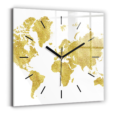 Horloge carrée en verre Carte du monde en or