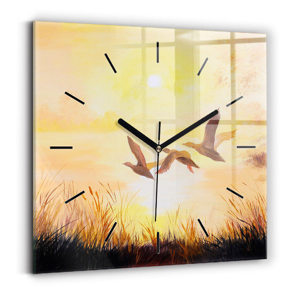 Horloge murale carrée Grues au coucher du soleil