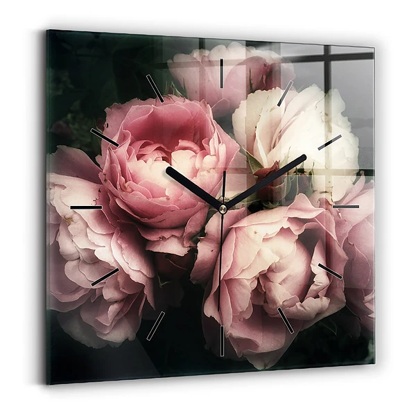 Pendule carrée en verre Bouquet de roses roses