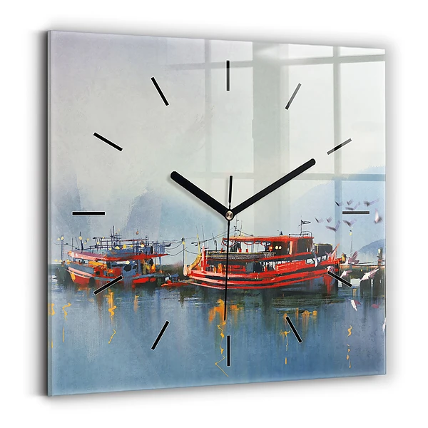 Horloge murale carrée Bateau de pêche dans le port