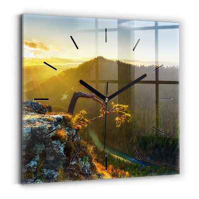 Pendule carrée en verre Coucher de soleil sur les montagnes