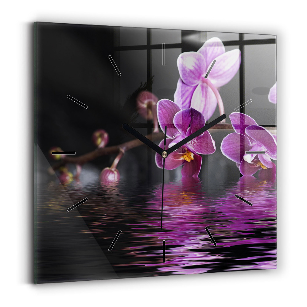 Horloge carrée en verre Fleur d'orchidée sur l'eau