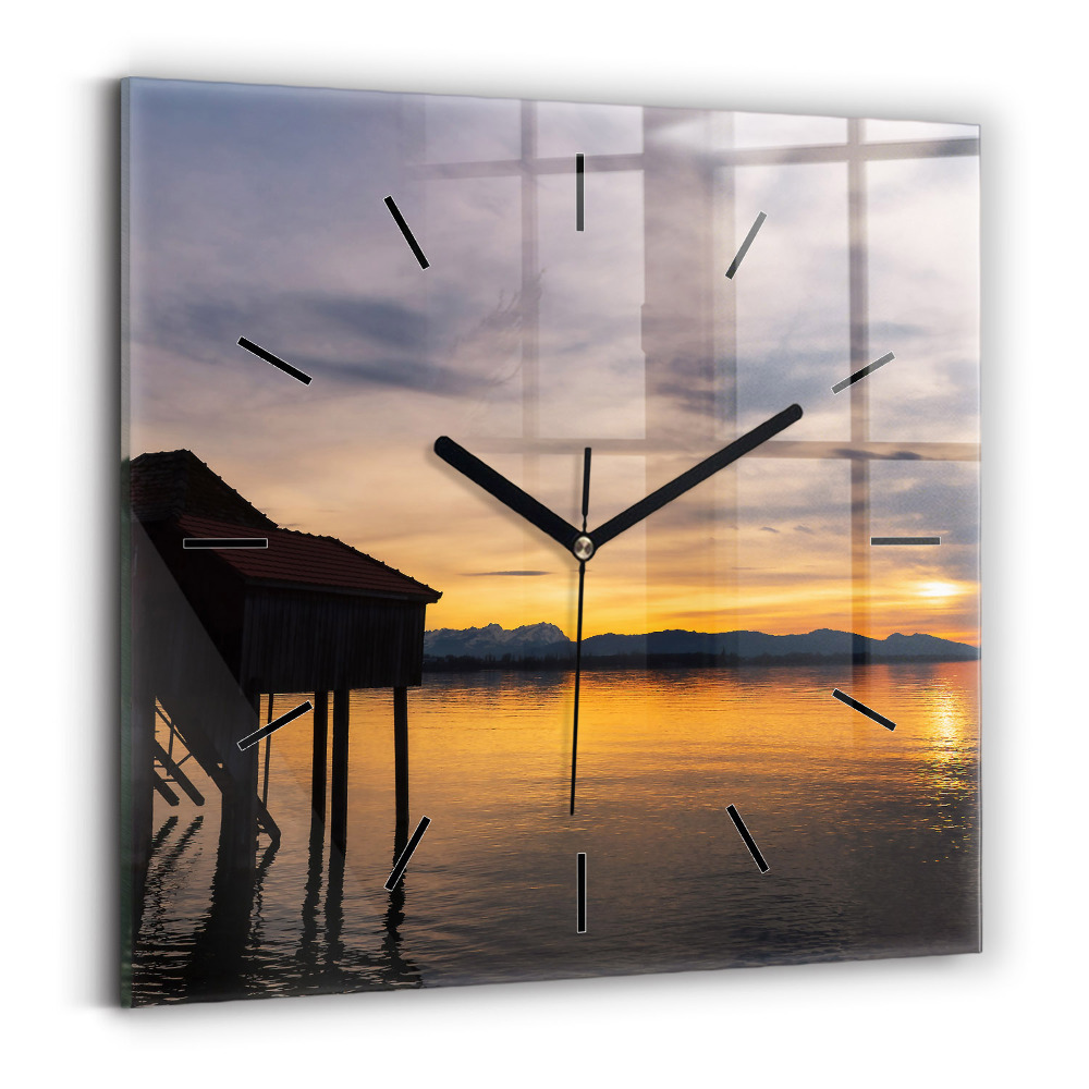 Pendule carrée en verre Coucher de soleil sur un lac