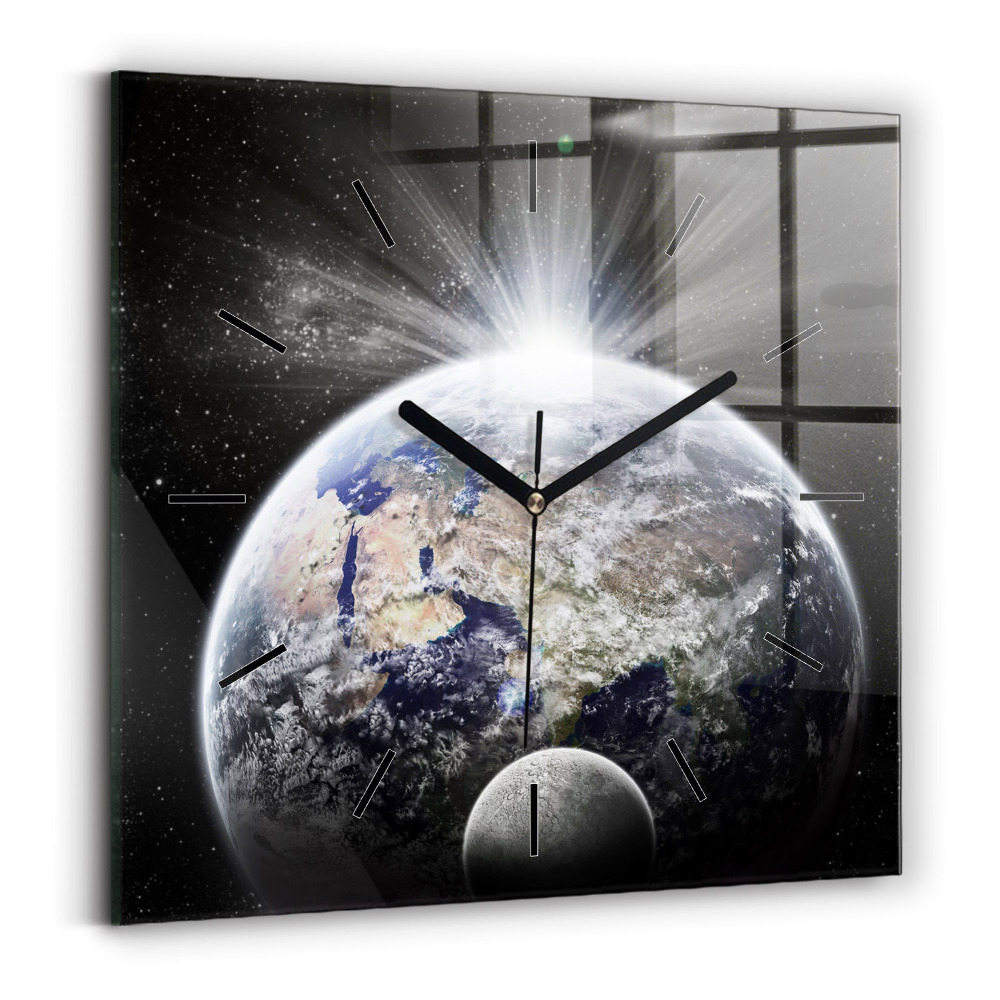 Horloge carrée en verre Terre Lune Soleil