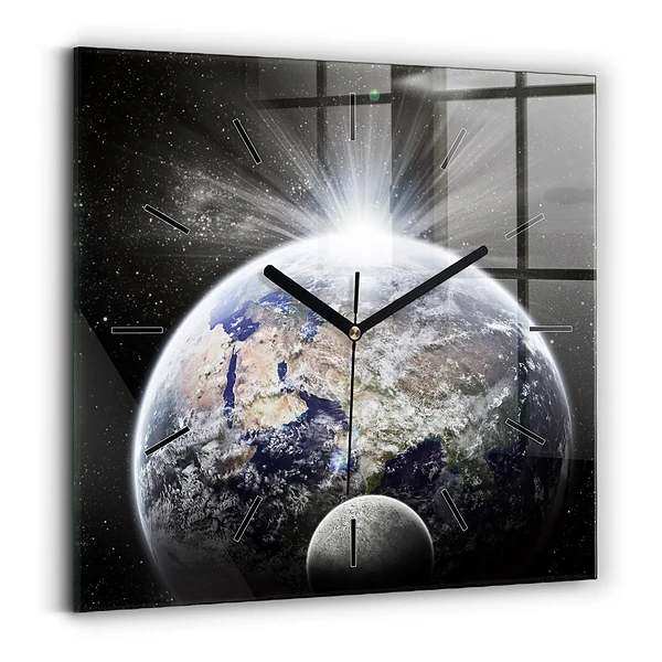 Horloge carrée en verre Terre Lune Soleil