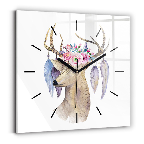 Pendule carrée en verre Tête de cerf et fleurs