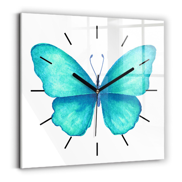 Horloge carrée en verre Papillon d'été turquoise