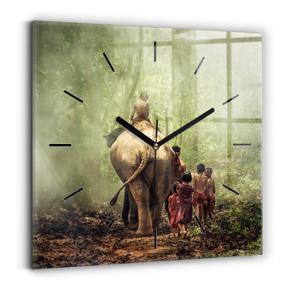 Horloge murale carrée Enfants guidant un éléphant