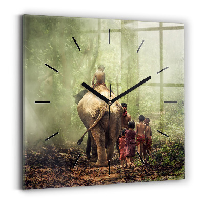 Horloge murale carrée Enfants guidant un éléphant