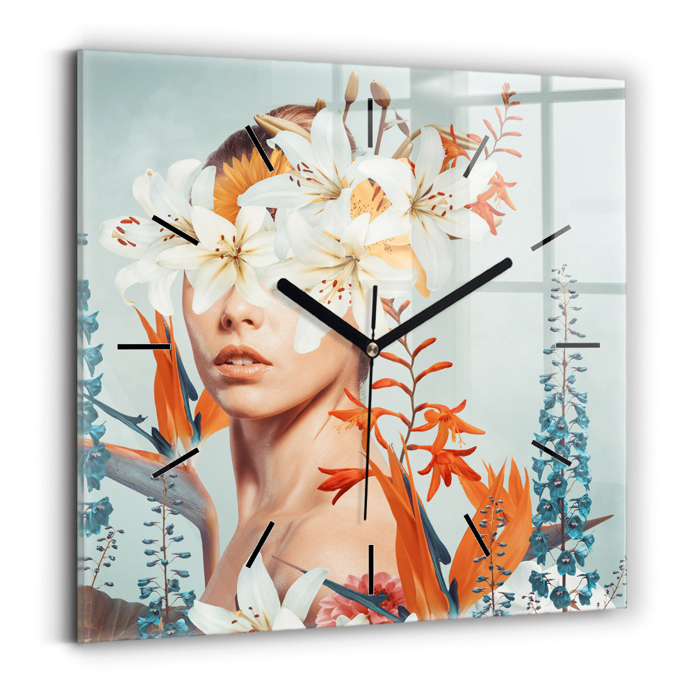 Pendule carrée en verre Femme avec des fleurs