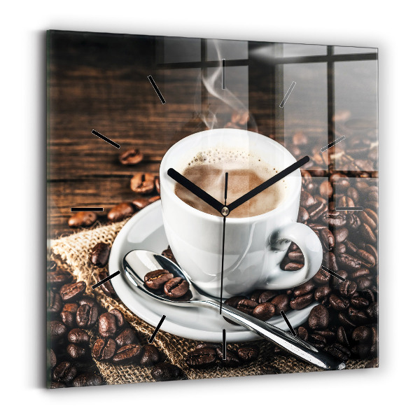 Horloge carrée en verre Tasse et grains de café