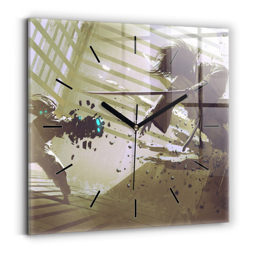 Pendule carrée en verre Combat entre un robot et un samouraï