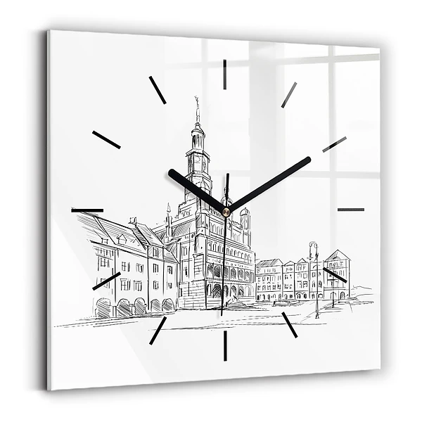 Horloge murale carrée Croquis de la vieille ville de Poznań