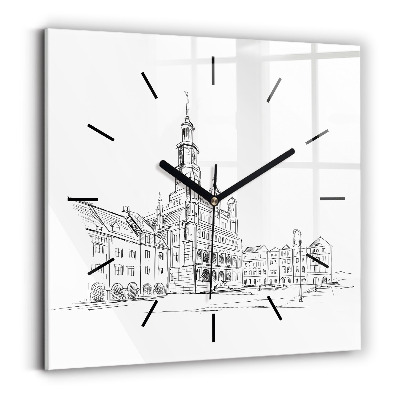 Horloge murale carrée Croquis de la vieille ville de Poznań