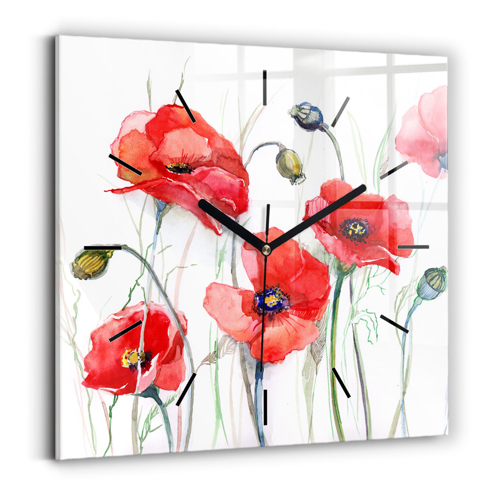 Pendule carrée en verre Coquelicots rouges peints