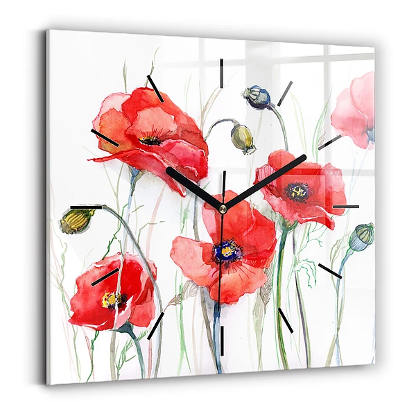 Pendule carrée en verre Coquelicots rouges peints