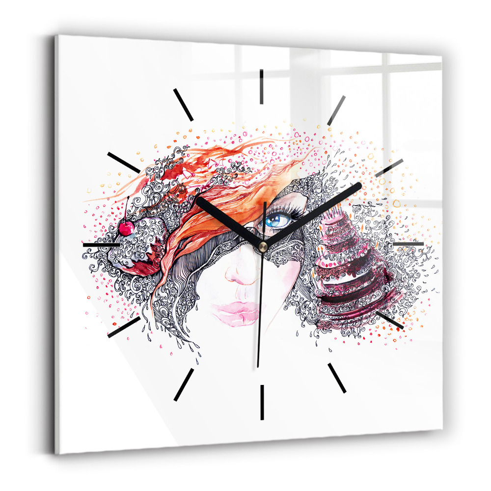 Horloge murale carrée Femme douce avec un gâteau