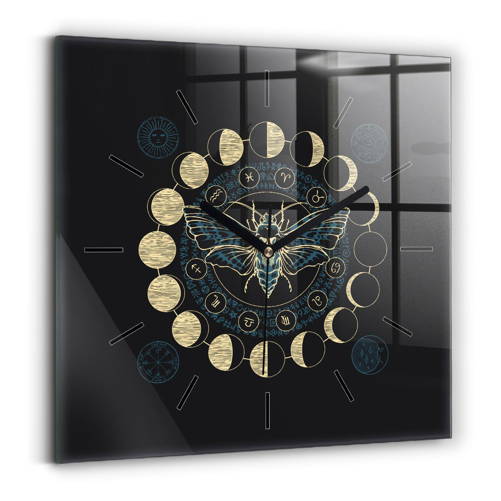 Horloge carrée en verre Phases de la lune et insecte