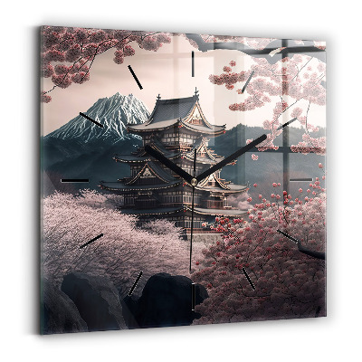 Horloge carrée en verre Tour et fleurs en Asie