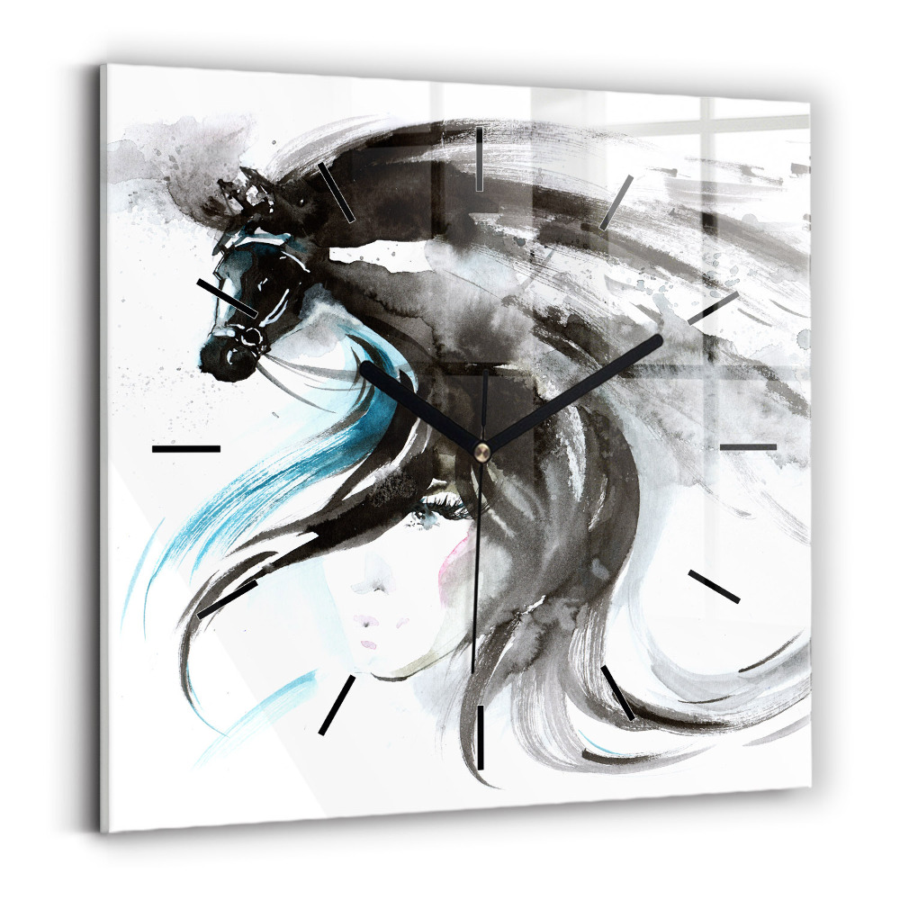 Pendule carrée en verre Cheval et femme abstraits