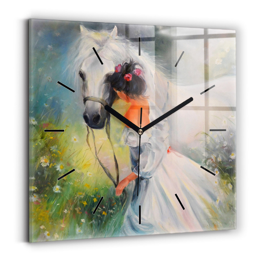 Horloge murale carrée Belle femme avec cheval