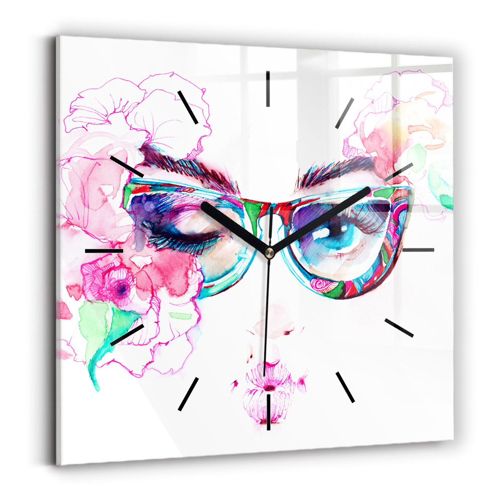 Horloge murale carrée Femme avec des lunettes