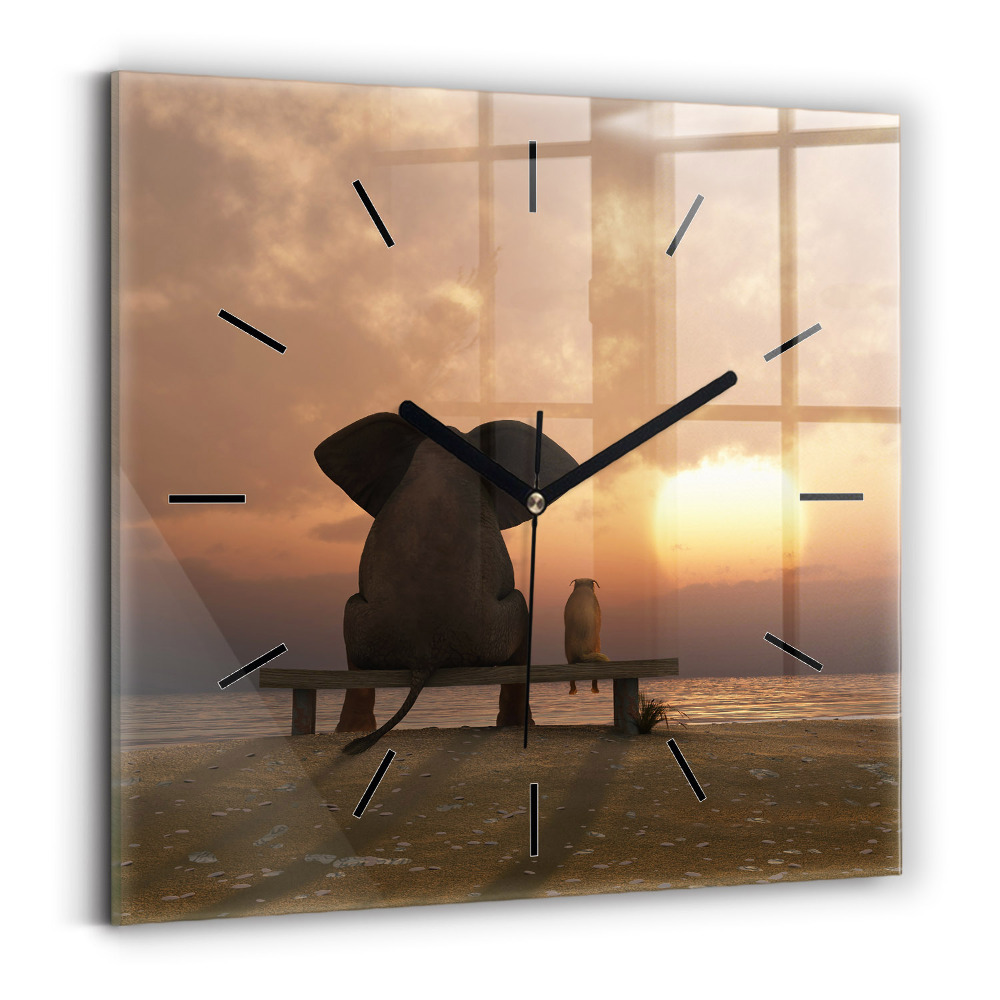 Pendule carrée en verre Animaux et coucher de soleil