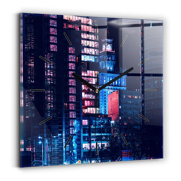 Horloge carrée en verre Varsovie la nuit