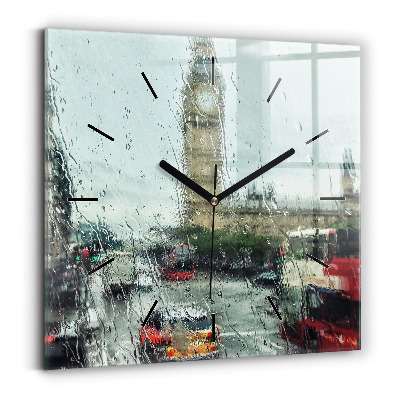Horloge carrée en verre Londres sous la pluie