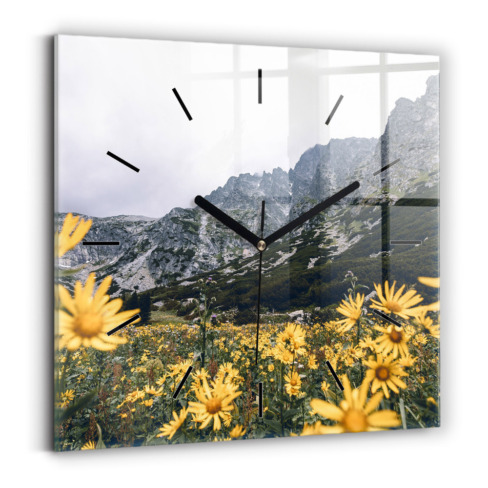 Pendule carrée en verre Prairie de fleurs dans les montagnes