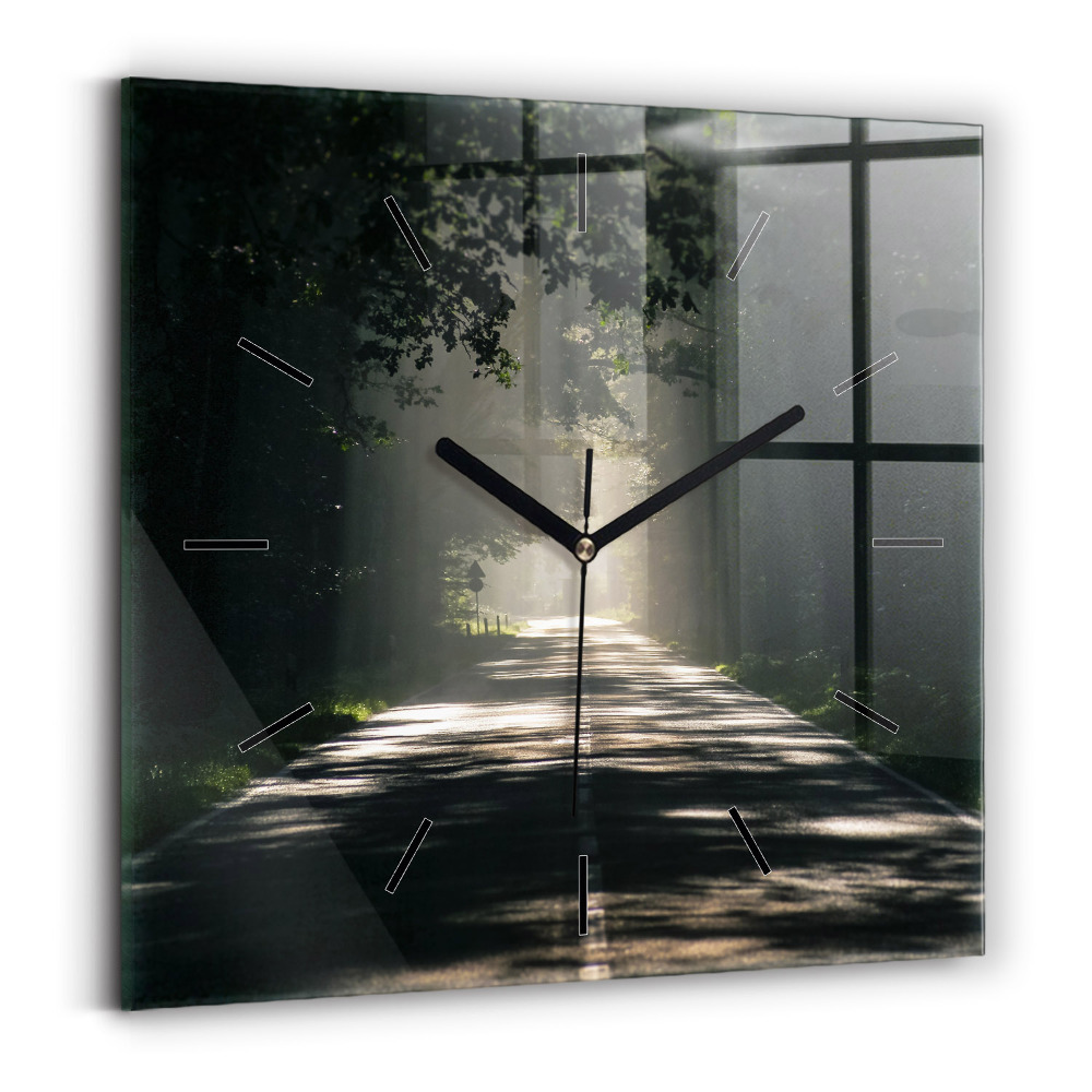 Horloge murale carrée Route forestière et traînées de soleil
