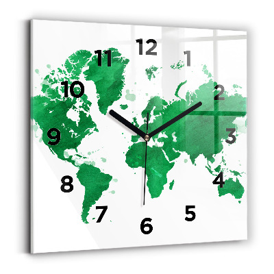 Horloge murale carrée Carte du monde verte