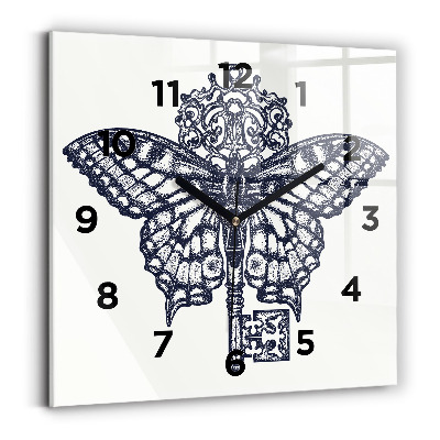 Pendule carrée en verre Papillon et clé - style boho