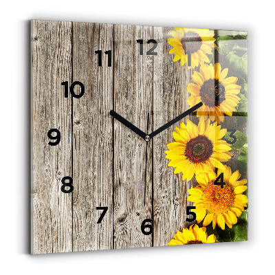 Horloge carrée en verre Tournesols sur planches