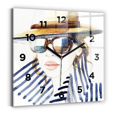 Pendule carrée en verre Visage avec lunettes et chapeau