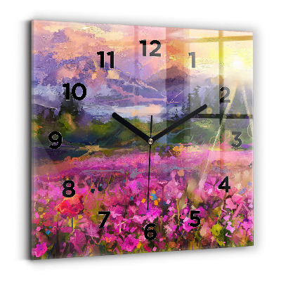Horloge carrée en verre Prairie au coucher du soleil