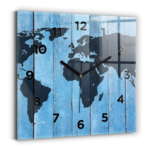 Horloge carrée en verre Carte du monde sur planches