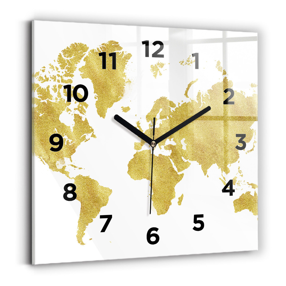 Horloge carrée en verre Carte du monde en or